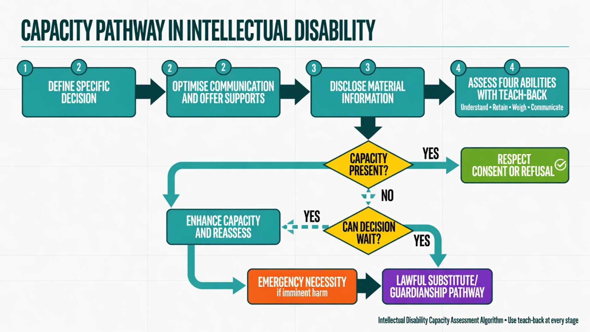 Flowchart from defining a decision through supports, four-ability assessment, and branches to respect, enhance, emergency, or substitute pathways