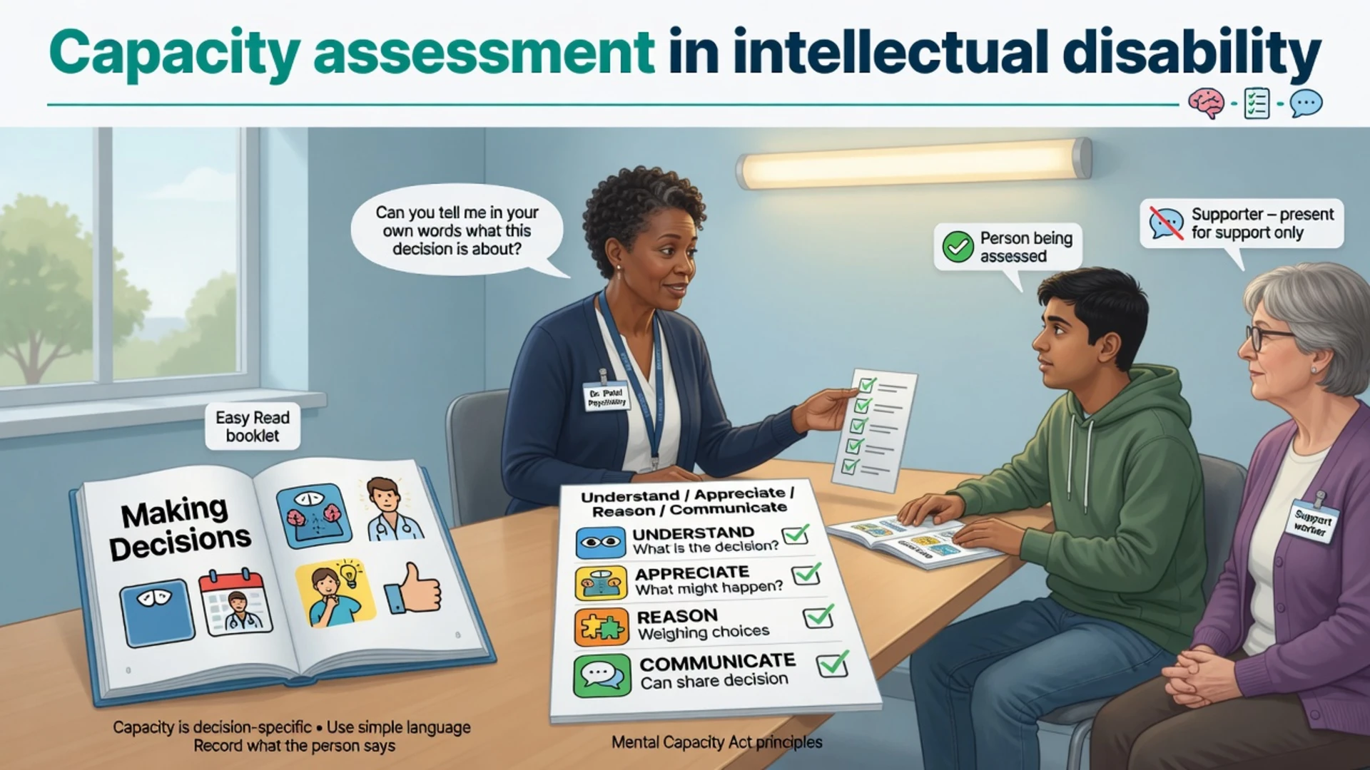 Psychiatrist assessing decision-making capacity with an adult who has intellectual disability, using Easy Read materials and a supporter sitting to the side