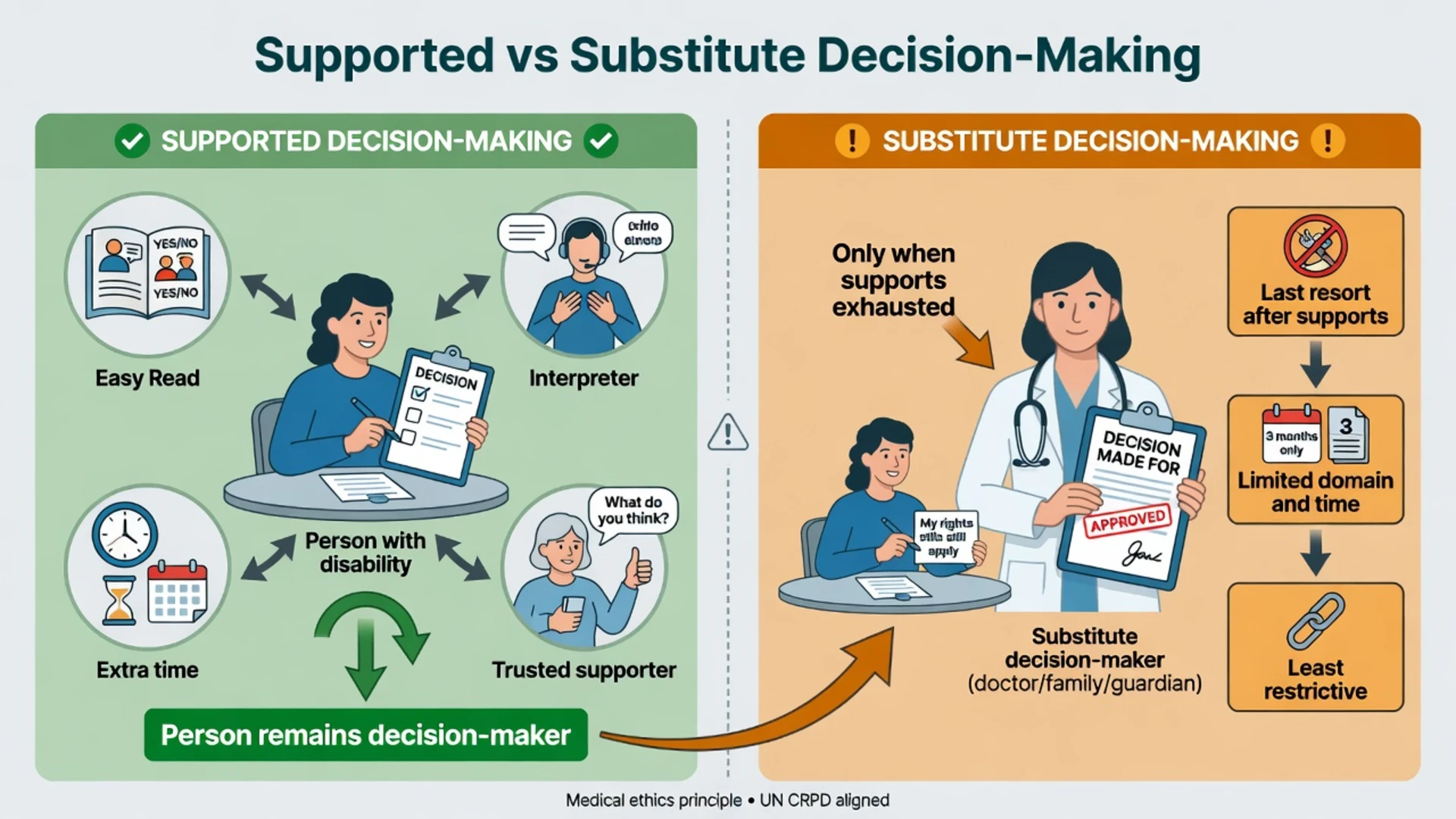 Two-column comparison of supported decision-making where the person decides with help versus substitute decision-making as a last resort