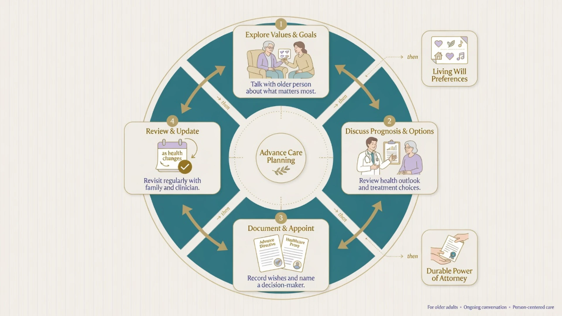 Circular process diagram of advance care planning: explore values, discuss options, document directives and proxy, review over time