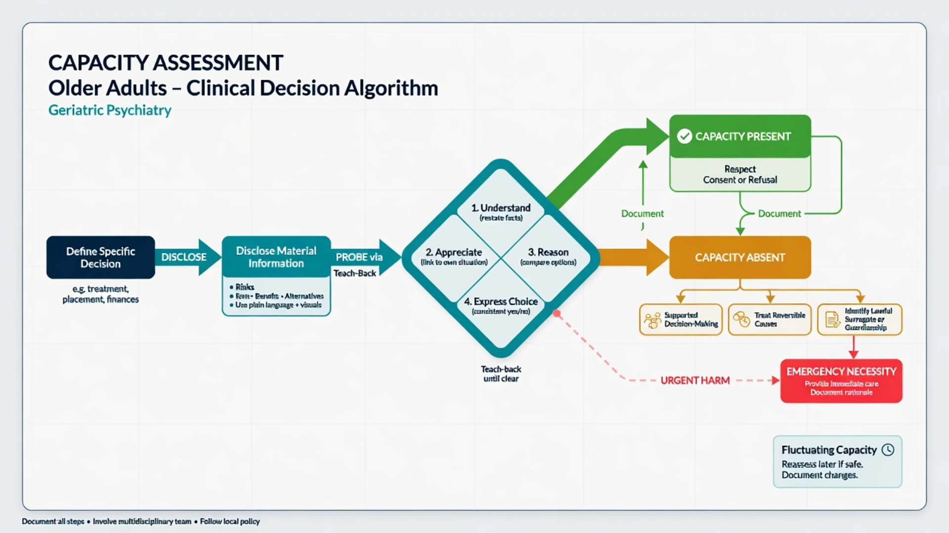 Clinical algorithm for capacity assessment in older adults from defining the decision through respect, delay, surrogate, or emergency pathways