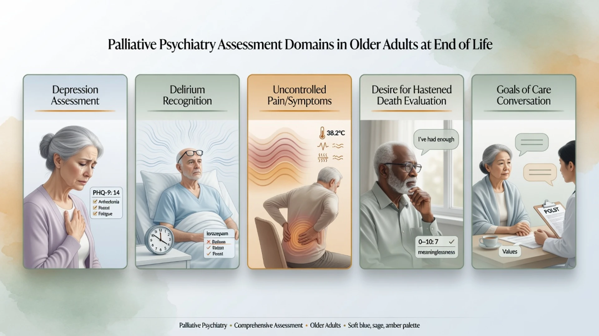 Multi-panel educational figure of psychiatric domains at end of life: depression, delirium, symptoms, desire for hastened death, and goals-of-care conversation