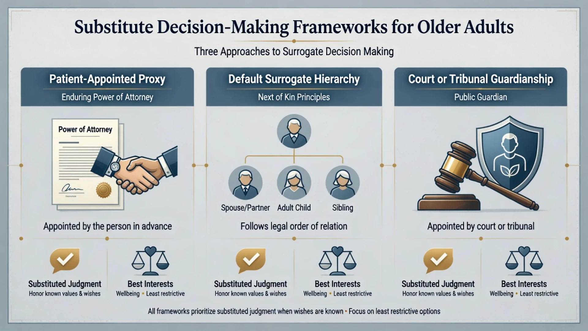 Three-column framework comparing appointed healthcare proxy, default surrogate hierarchy, and court or tribunal guardianship
