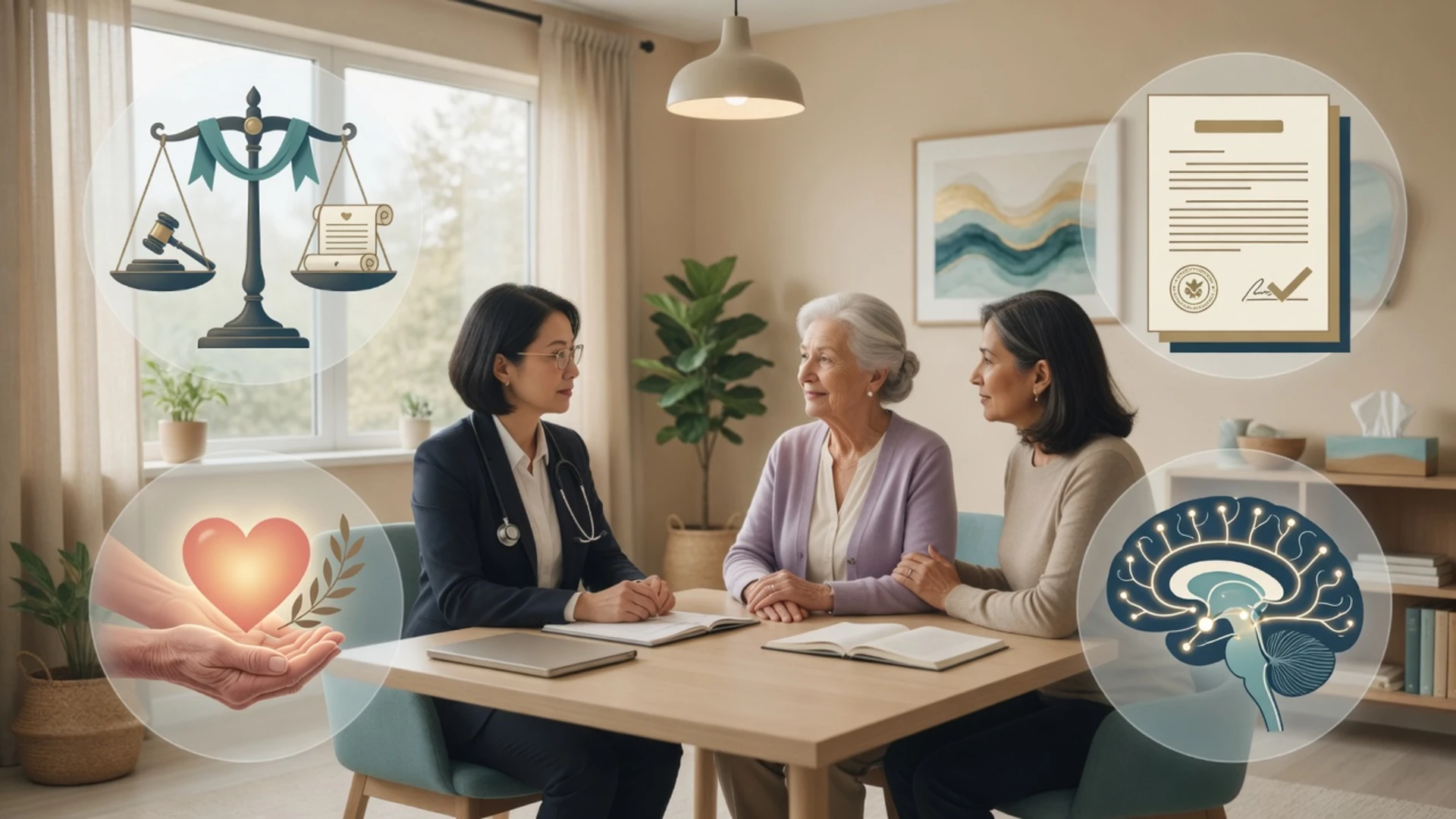 Older adult, psychiatrist, and family discussing capacity, guardianship, and end-of-life decisions in a clinic setting