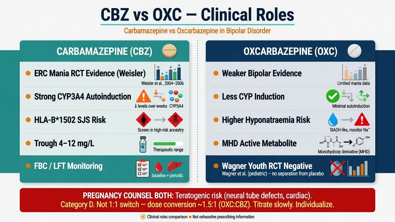 Comparison board of carbamazepine versus oxcarbazepine clinical roles, evidence grade, induction, HLA rash risk and hyponatraemia