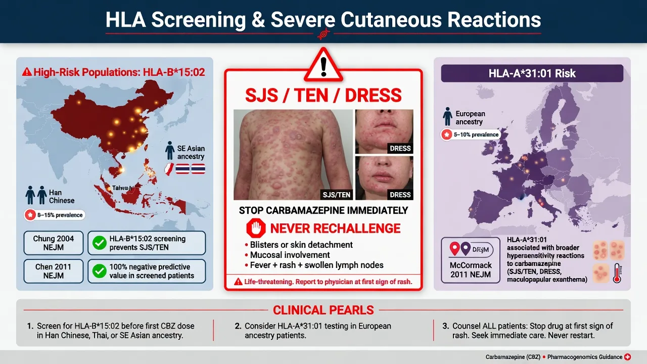 HLA-B*1502 and HLA-A*3101 screening board with SJS TEN DRESS stop rules for carbamazepine