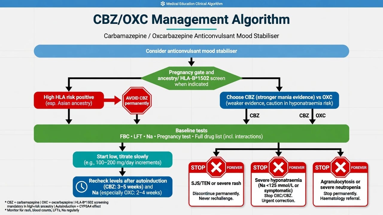 Management algorithm for carbamazepine and oxcarbazepine with pregnancy gate, HLA-B*1502 screen, titration, levels and stop rules