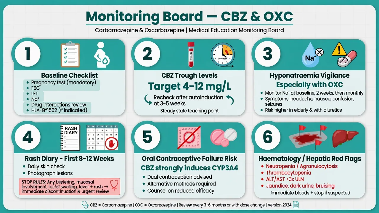 Six-panel monitoring board for CBZ and OXC baselines, trough levels, hyponatraemia, rash stop rules, contraceptive failure and haematologic hepatic flags