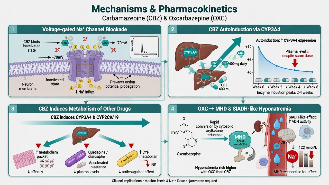Four-panel mechanism map: sodium channel block, CBZ autoinduction, CYP3A4 induction of contraceptives and co-meds, OXC to MHD with hyponatraemia