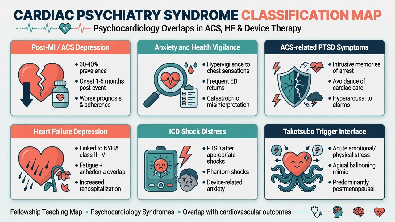 Classification panels of post-ACS depression anxiety ACS-PTSD heart failure depression ICD distress and Takotsubo interface