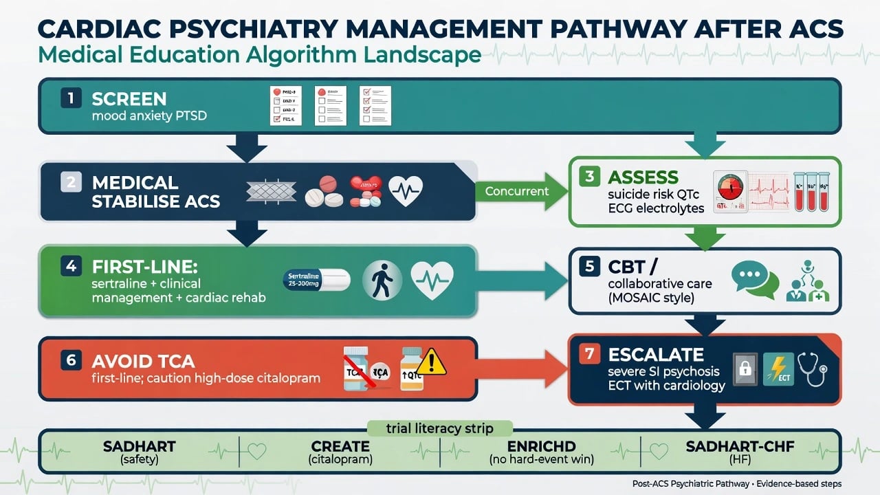 Management algorithm for cardiac psychiatry after ACS including screening sertraline collaborative care and trial literacy strip