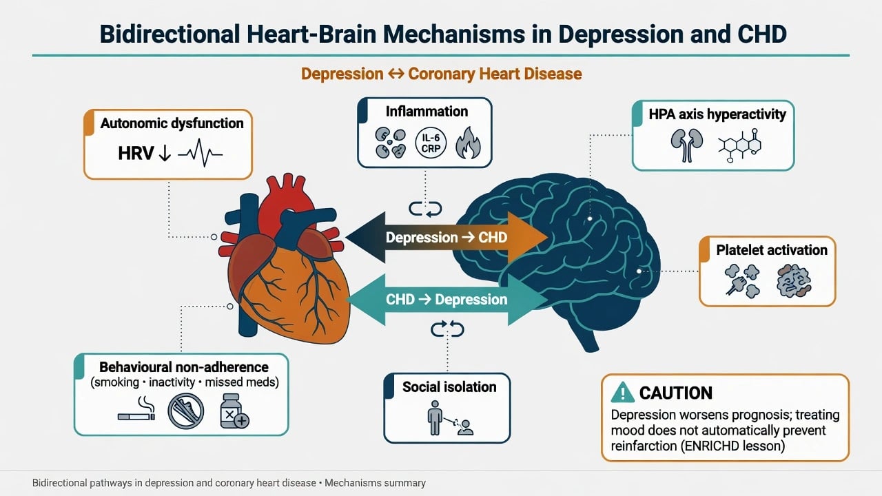 Bidirectional heart-brain mechanism diagram for depression and coronary disease with behavioural and biological pathways