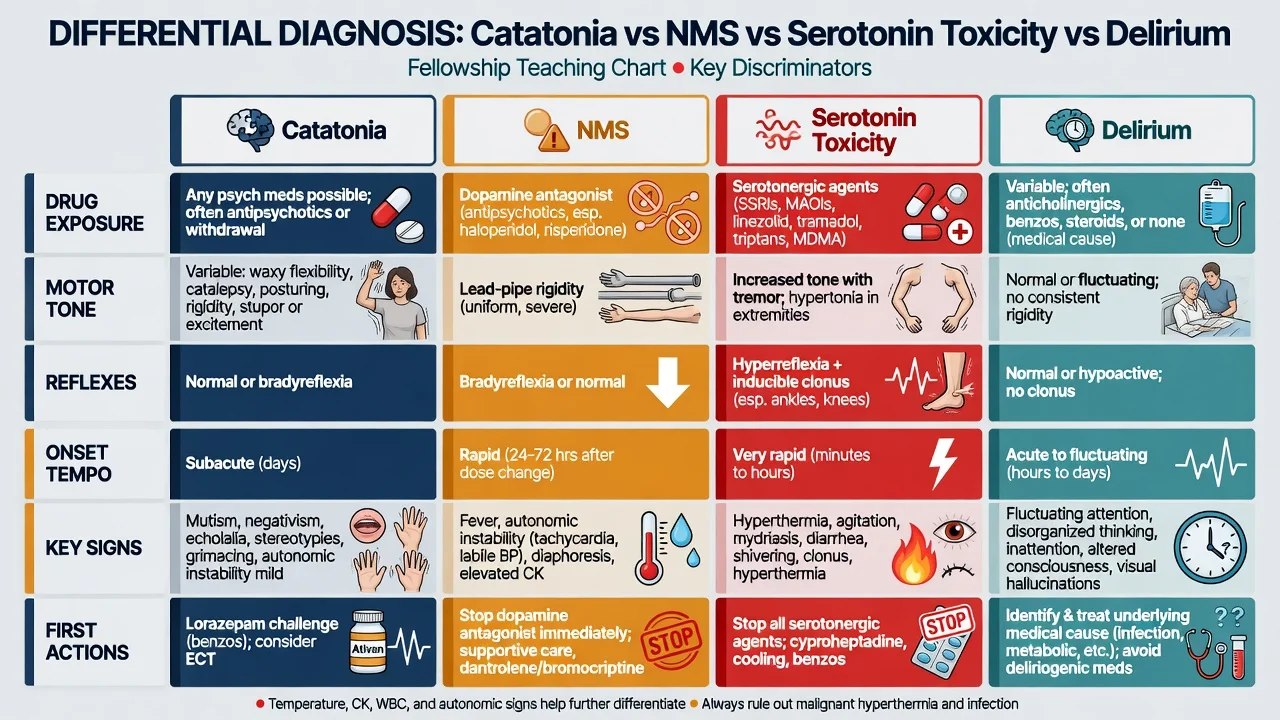 Differential comparison of catatonia versus NMS versus serotonin toxicity versus delirium