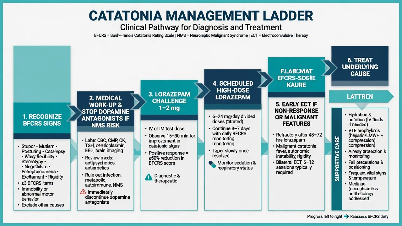 Stepwise catatonia management ladder from recognition through lorazepam to ECT and treat cause