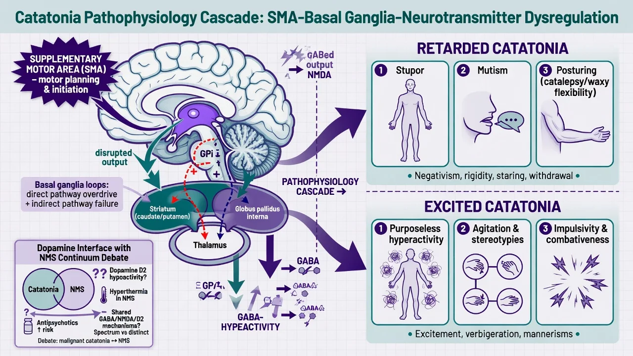 Catatonia pathophysiology cascade involving SMA basal ganglia GABA and NMDA