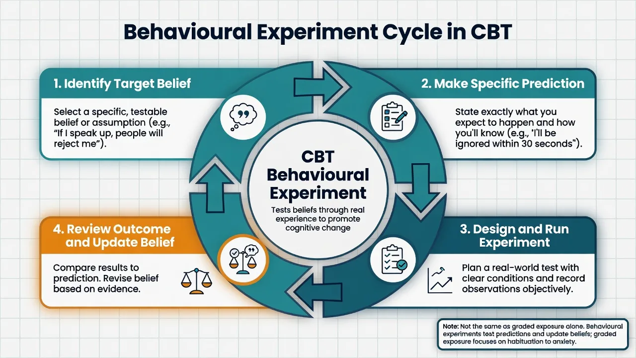 Four-stage behavioural experiment cycle identify belief prediction run experiment update belief