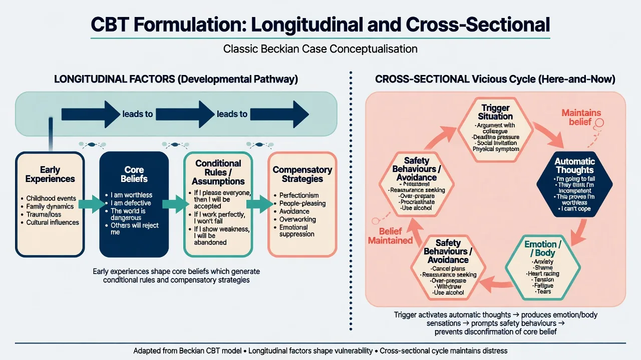 Longitudinal Beckian pathway and cross-sectional vicious cycle CBT formulation diagram