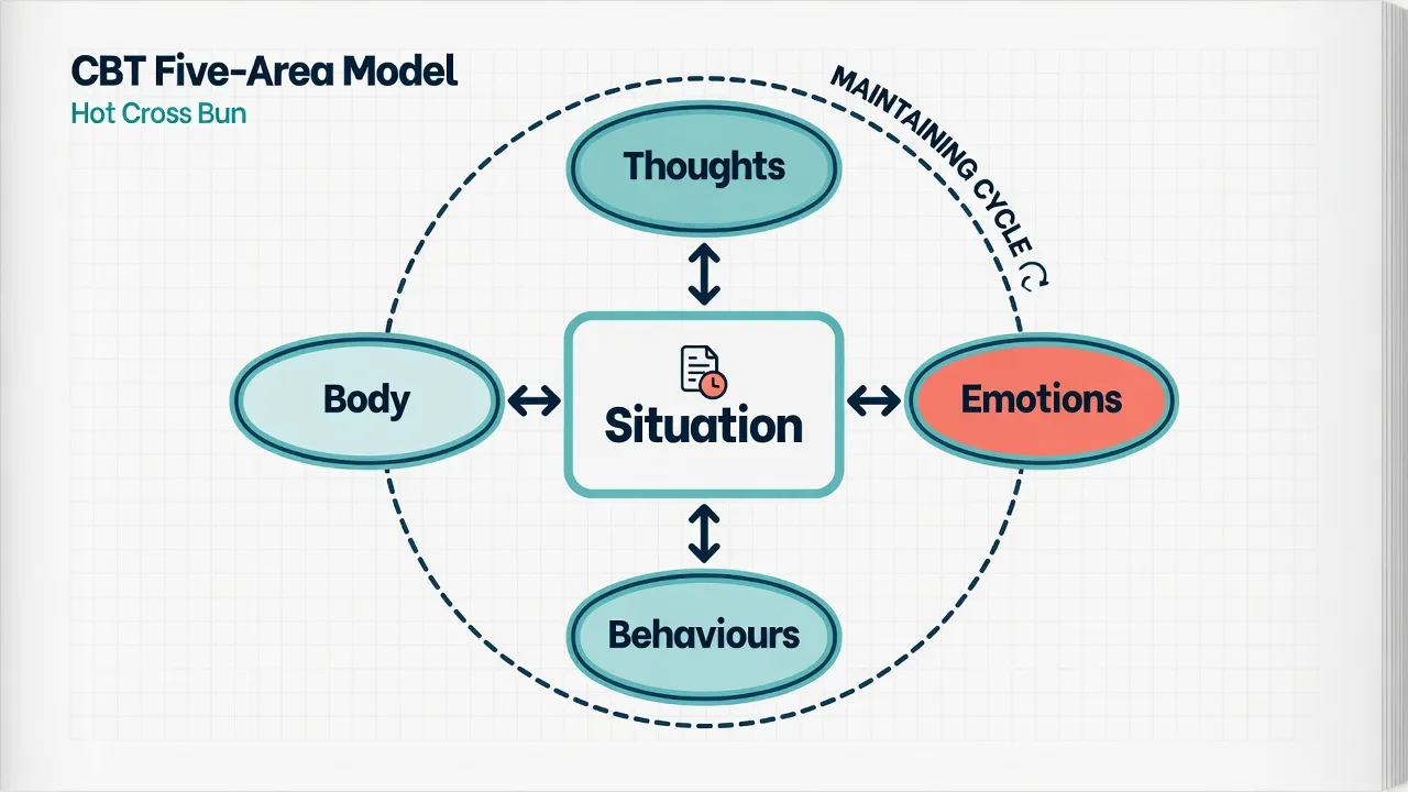 CBT five-area hot cross bun model with situation centre and thoughts emotions body behaviours