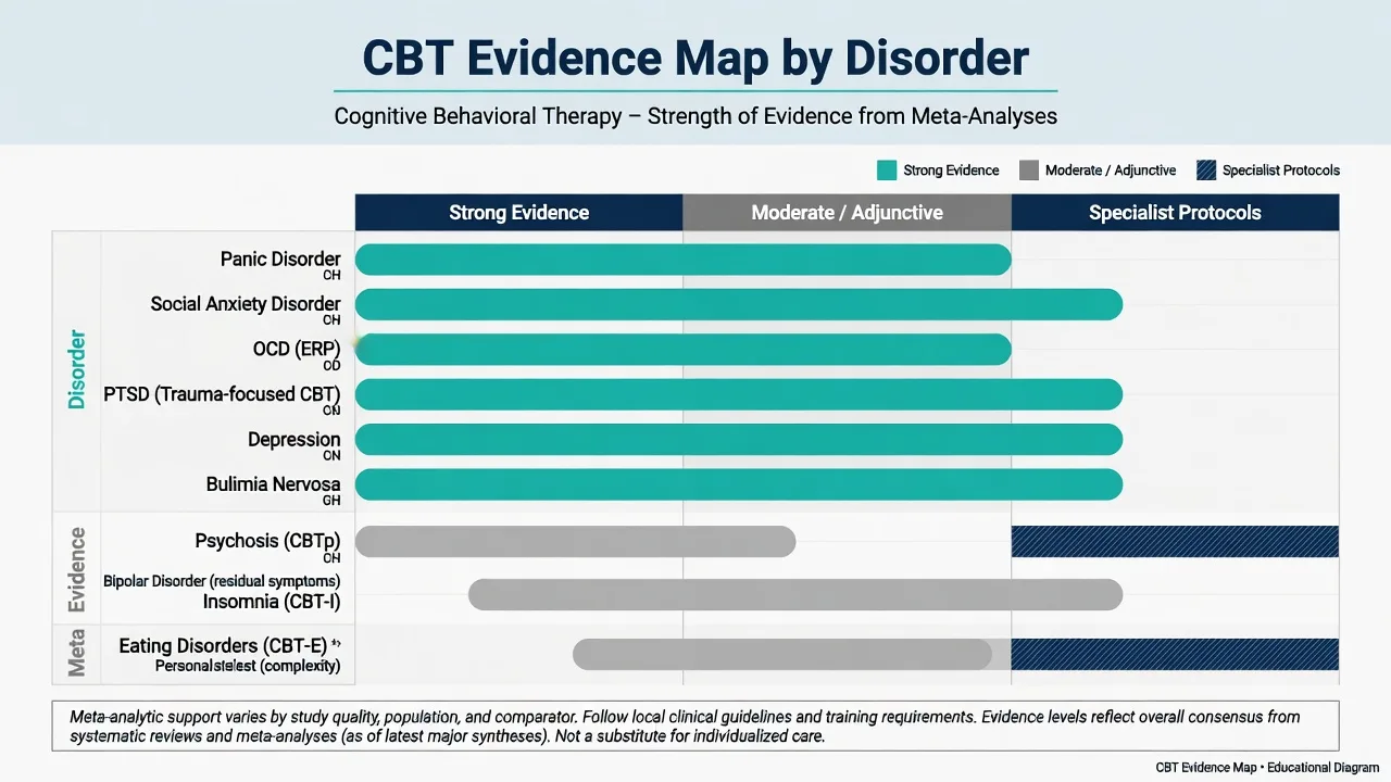 Educational map of CBT evidence strength across psychiatric disorders