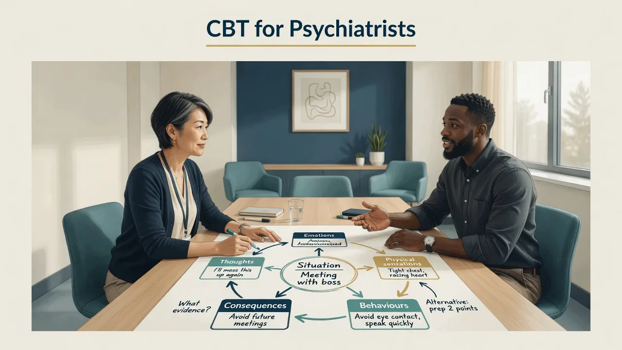 Collaborative CBT session with psychiatrist and patient co-constructing a thought-emotion-behaviour cycle