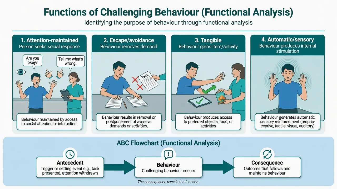 Four-panel diagram of functional analysis categories: attention, escape, tangible and automatic sensory maintenance of challenging behaviour with ABC strip