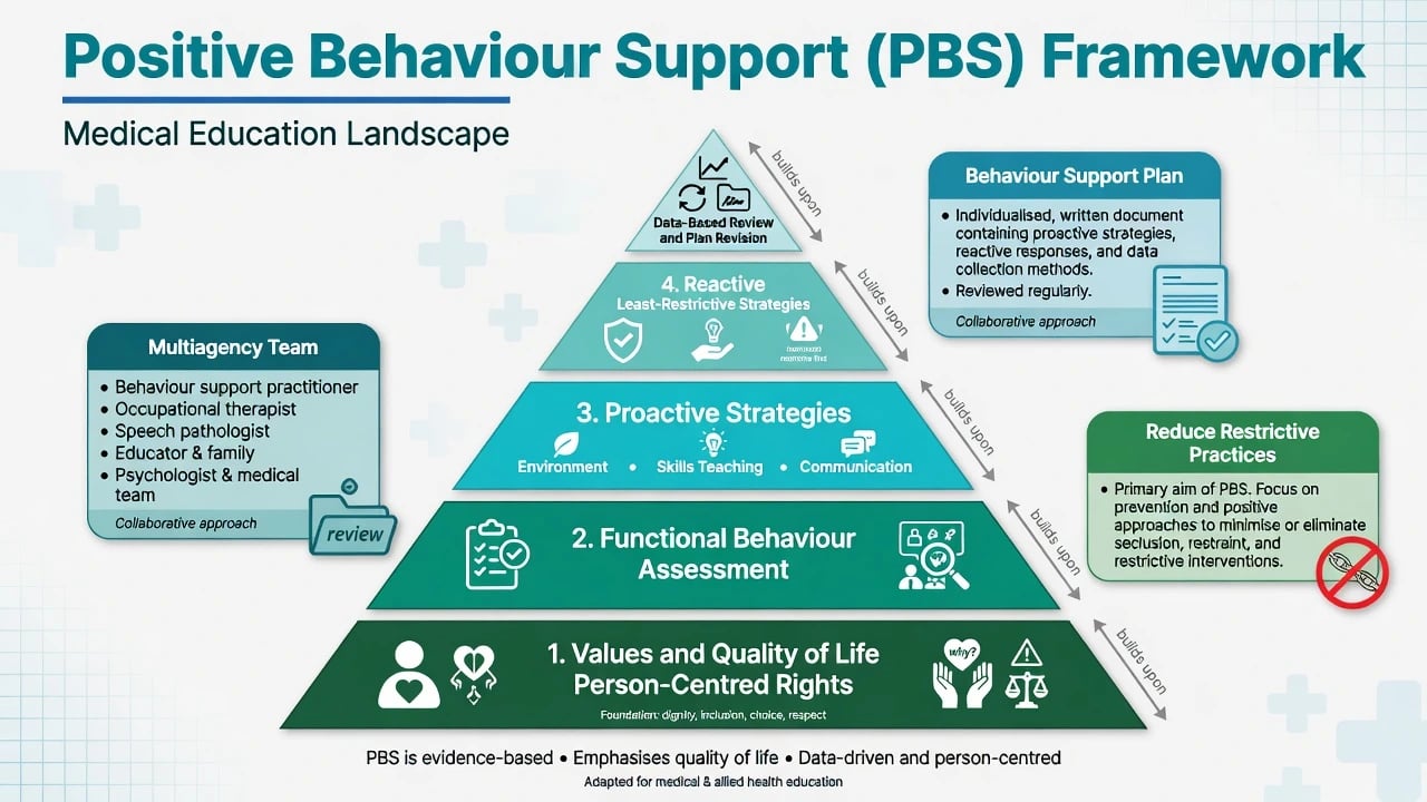 Educational poster of person-centred multidisciplinary support for challenging behaviour in intellectual disability emphasising function before medication