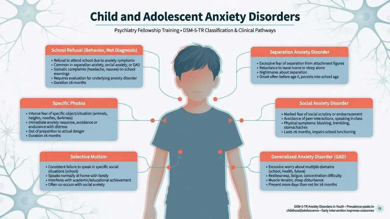 Classification of child and adolescent anxiety disorders including separation anxiety, social anxiety, GAD, selective mutism, specific phobia and school refusal as behaviour not diagnosis