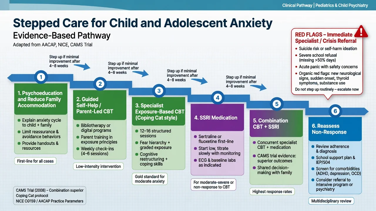 Stepped care pathway for child and adolescent anxiety from psychoeducation and CBT to SSRI and combination therapy with red flags