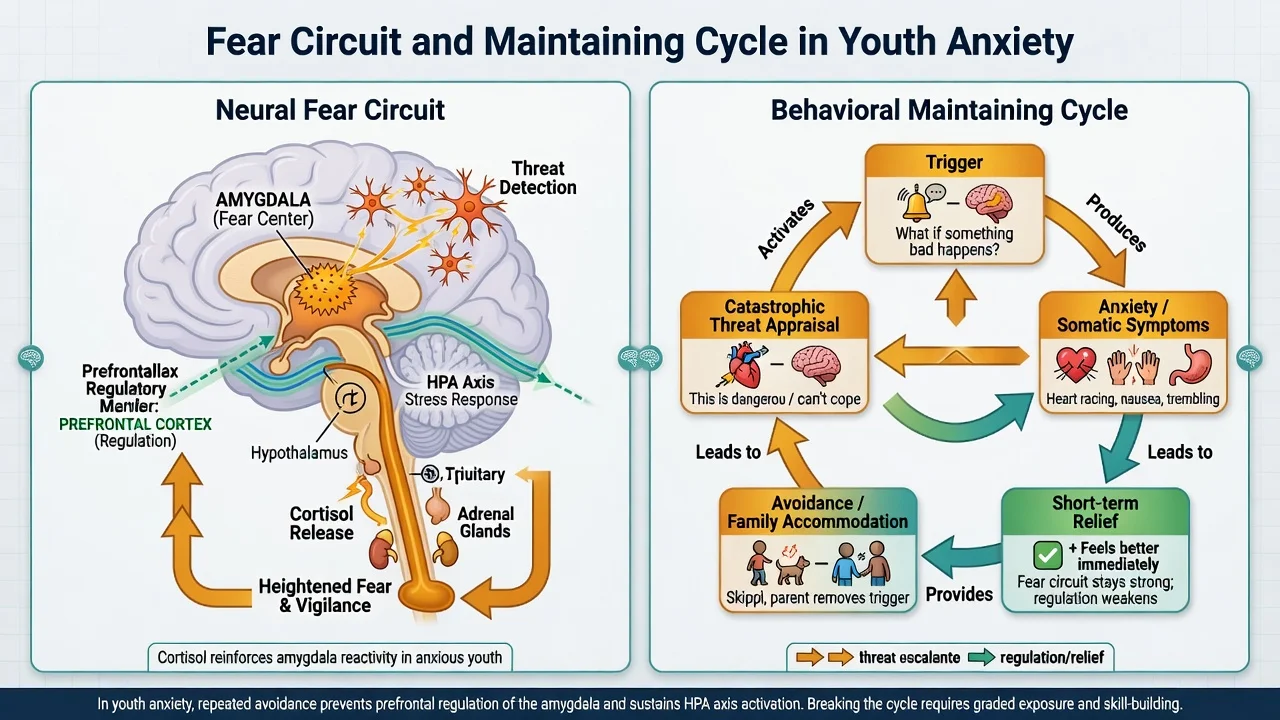 Fear circuit with amygdala and prefrontal regulation plus behavioural maintaining cycle of threat appraisal avoidance and family accommodation in youth anxiety