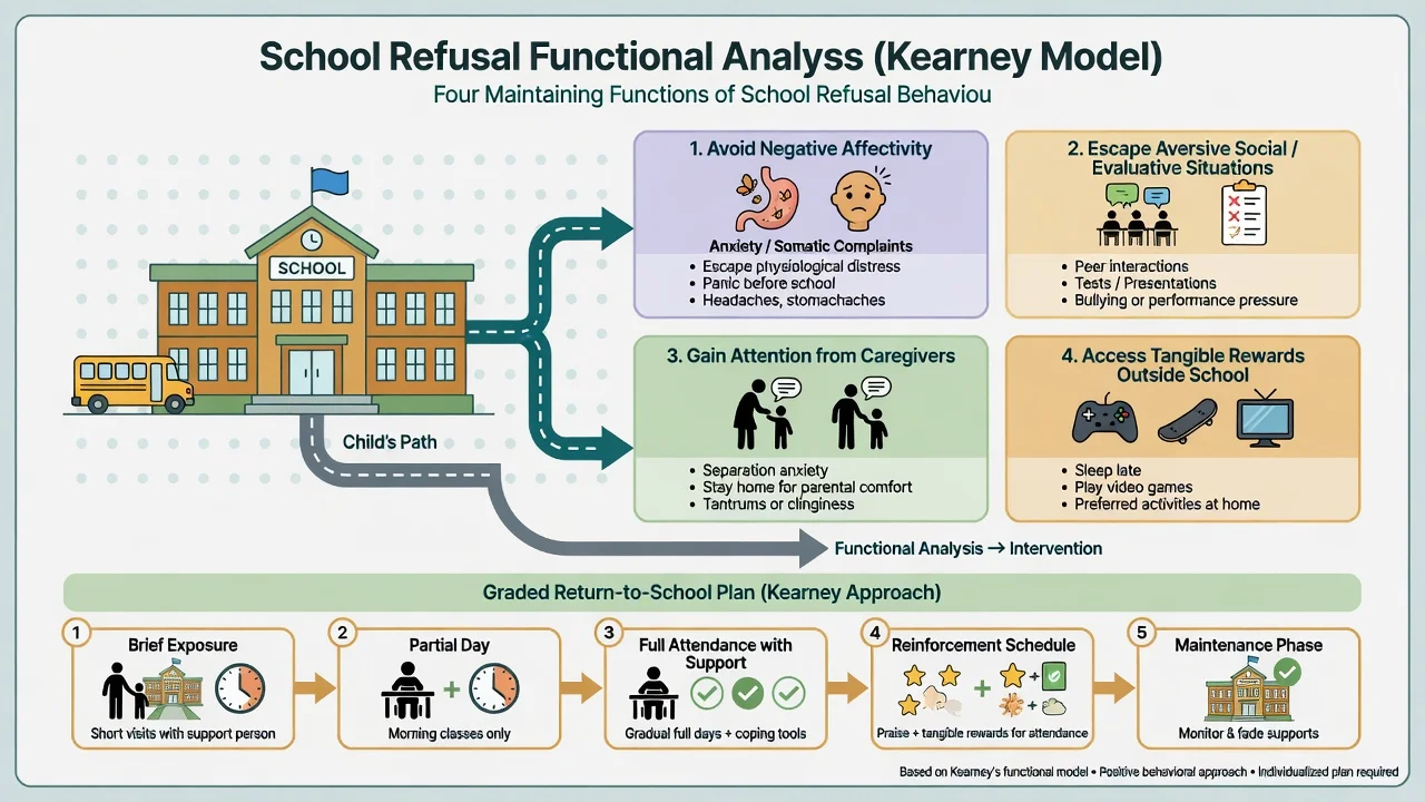 Kearney functional model of school refusal with four functions and graded return-to-school plan