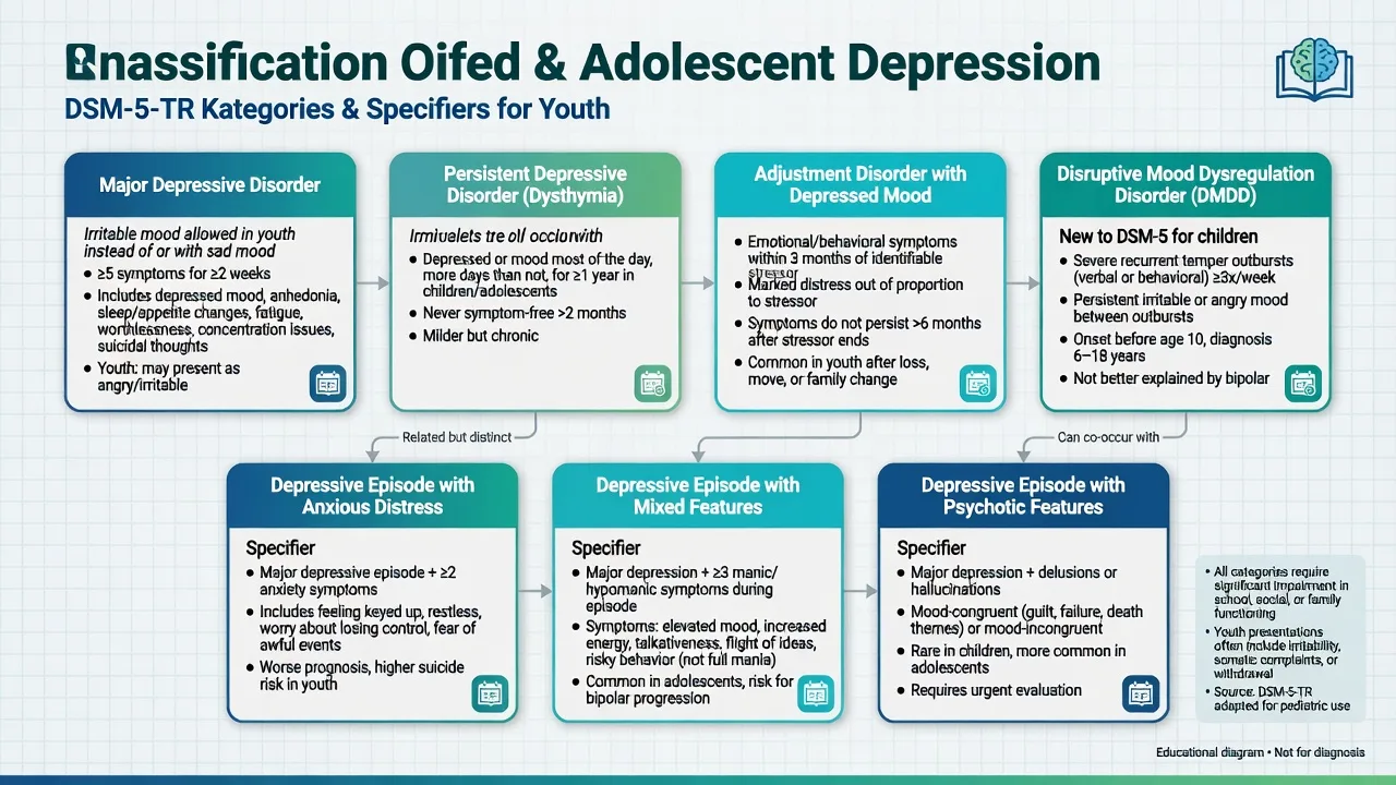 Classification diagram of youth depressive presentations including MDD, PDD, adjustment, DMDD and specifiers