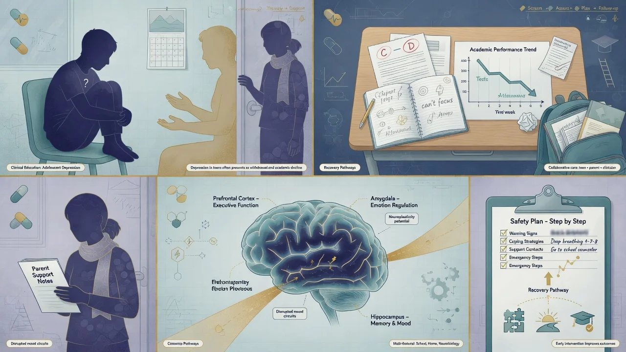 Educational illustration of adolescent depression care spanning youth, family, school and recovery pathway
