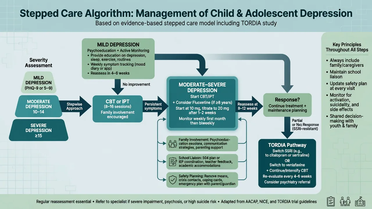Stepped care algorithm for youth depression from psychoeducation and CBT to fluoxetine and resistant pathways
