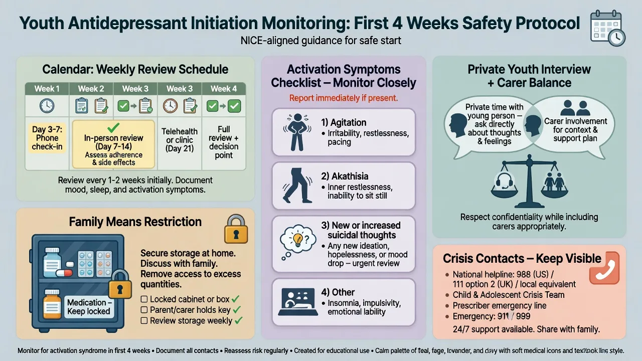 Youth antidepressant initiation monitoring calendar with activation checks family means restriction and crisis contacts