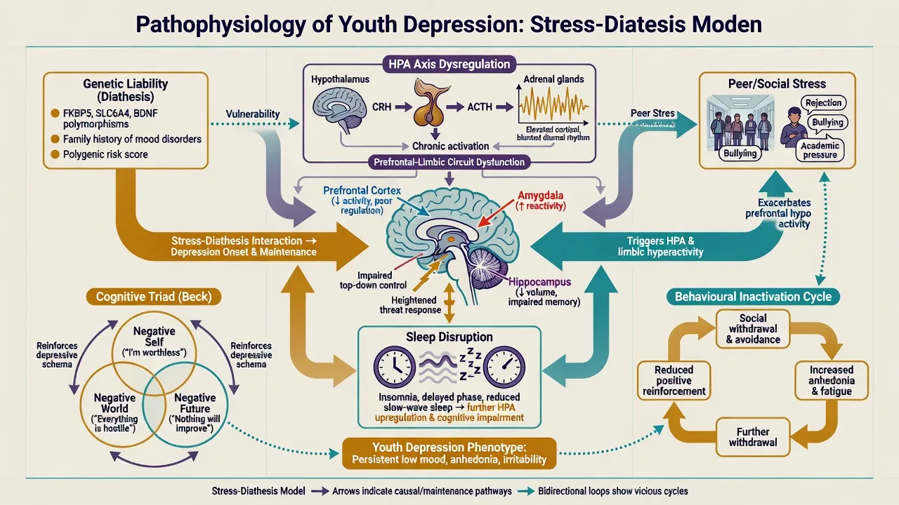 Stress-diathesis pathway for youth depression with HPA, circuits, cognitive triad and behavioural inactivation