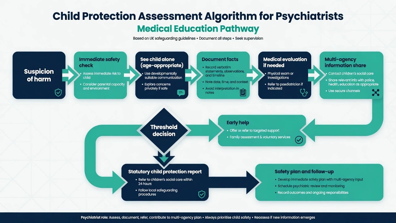 Flowchart of child protection assessment from suspicion through private interview, documentation, medical evaluation, multi-agency sharing, and threshold decision