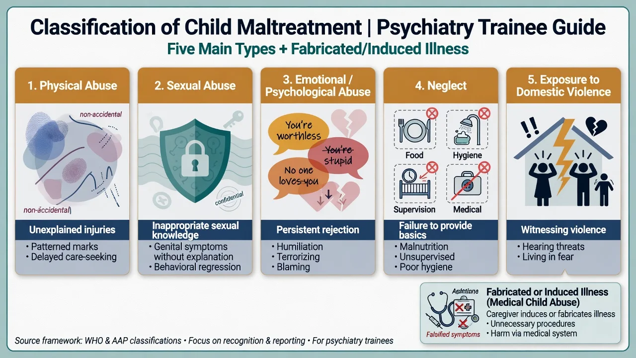 Educational classification panel of child maltreatment subtypes: physical, sexual, emotional, neglect, exposure to domestic violence, and fabricated or induced illness