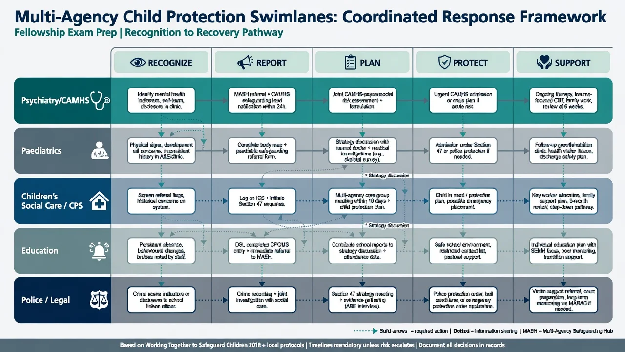 Swimlane multi-agency child protection pathway across psychiatry, paediatrics, social care, education, and police