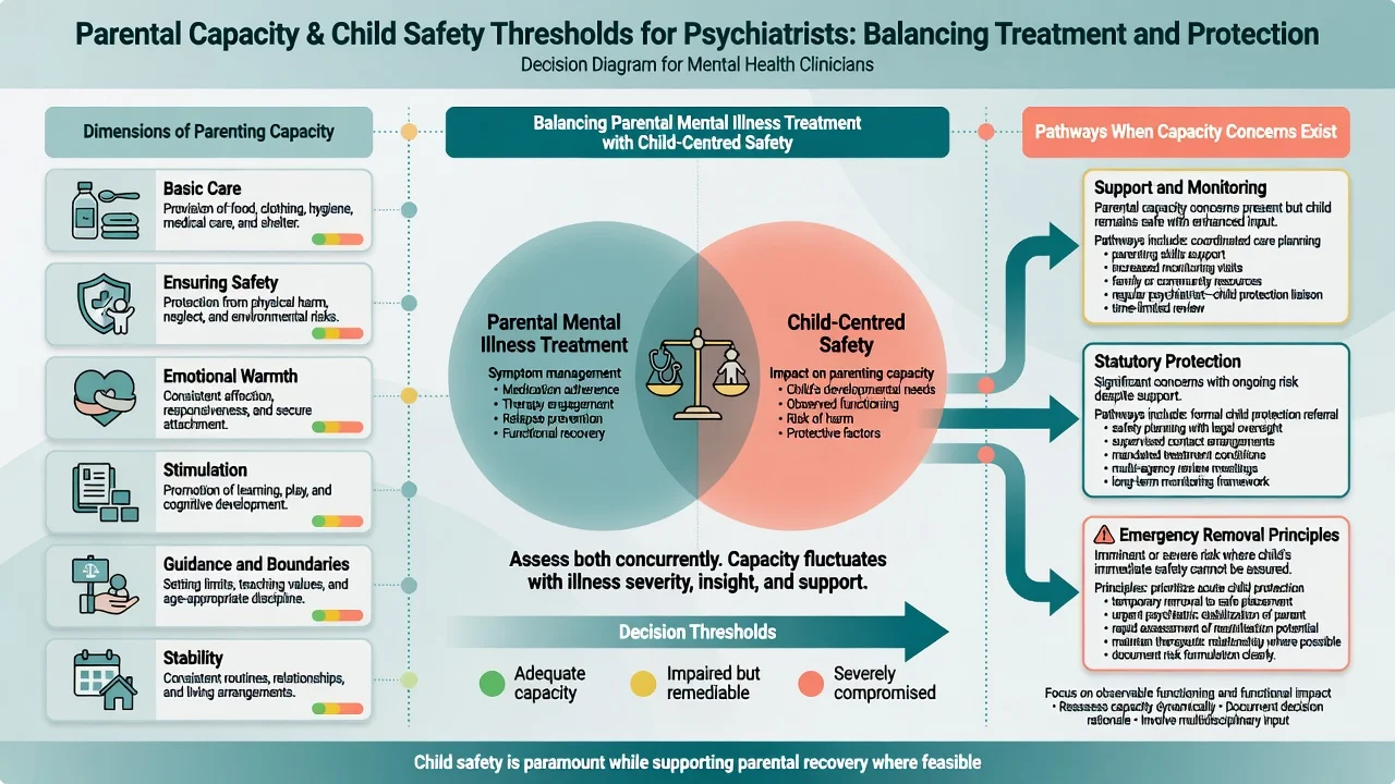 Educational diagram of parenting capacity dimensions balanced against child safety thresholds and support versus statutory pathways