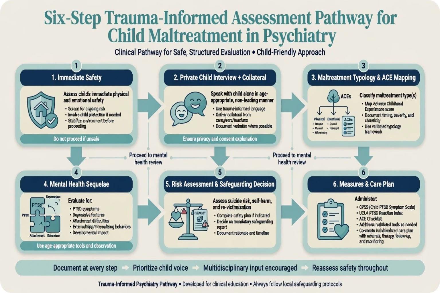 Six-step trauma-informed assessment pathway for childhood maltreatment including safety interview measures and safeguarding decision