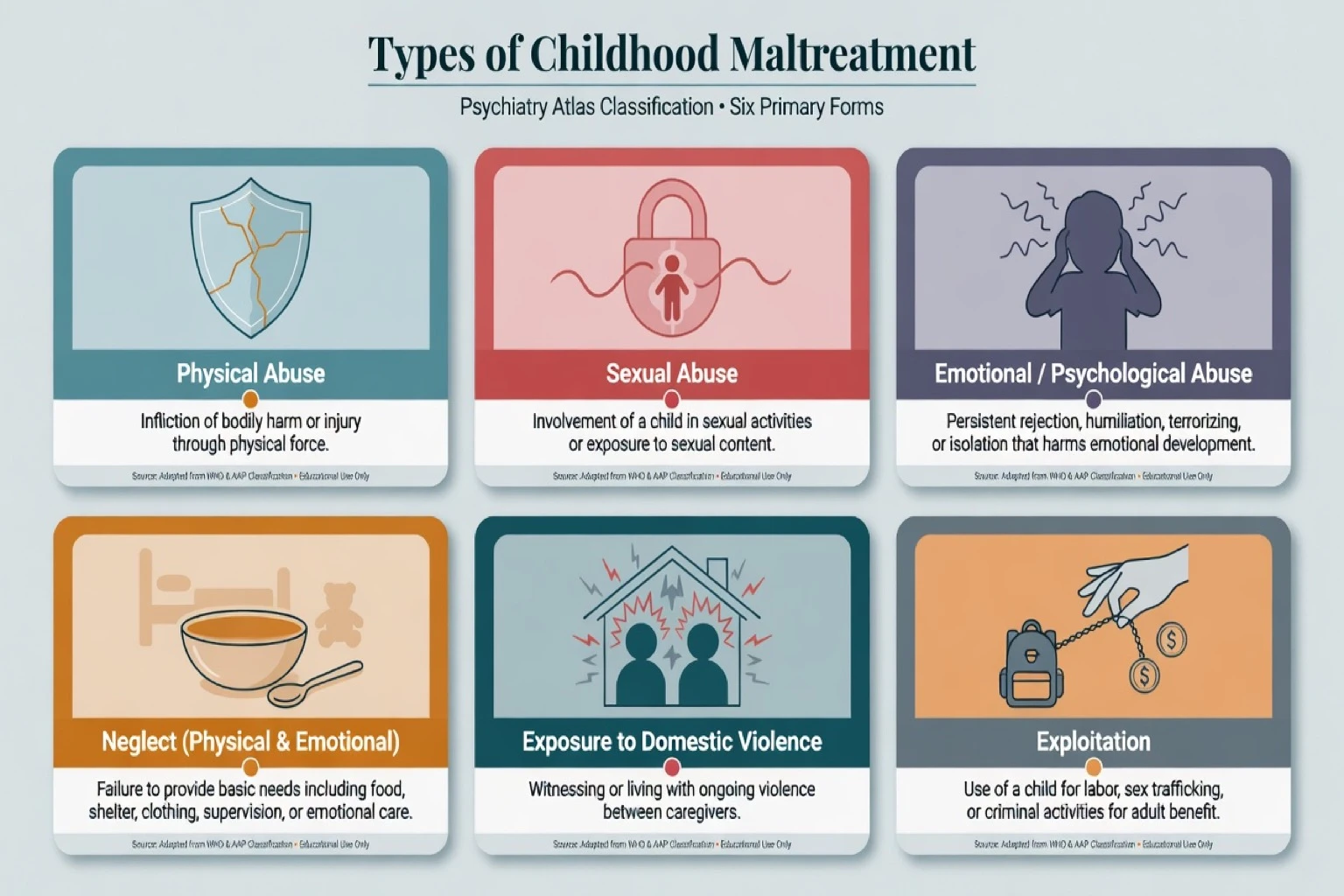 Six-panel classification of physical abuse, sexual abuse, emotional abuse, neglect, IPV exposure and exploitation