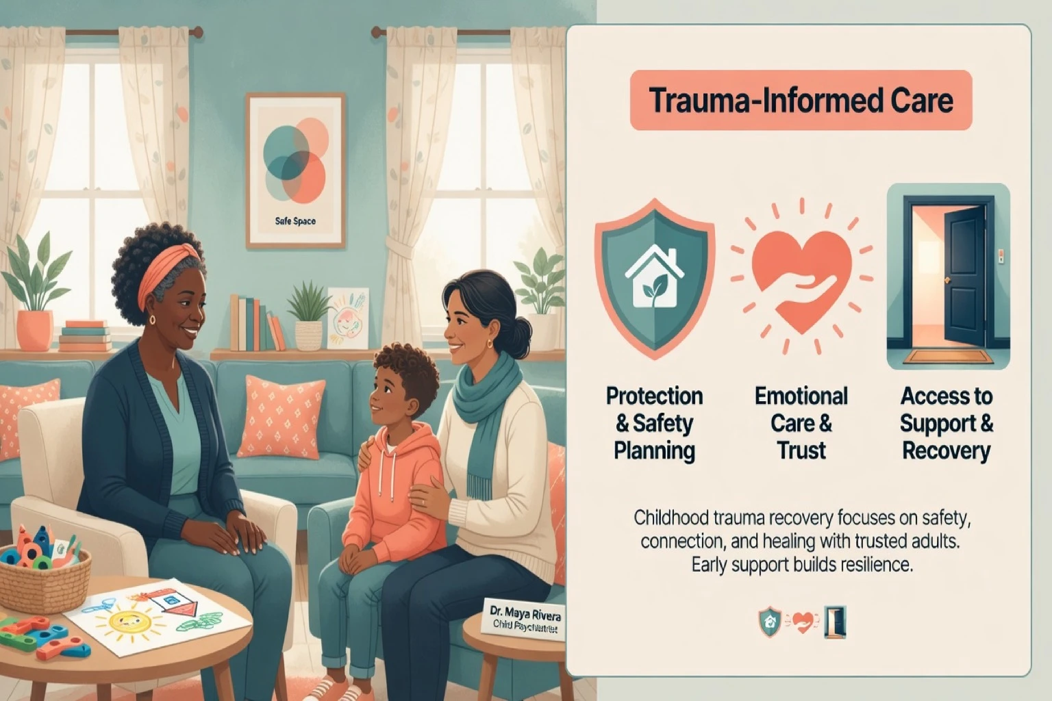 Trauma-informed child mental health clinic with clinician, child and caregiver in a safe calm setting