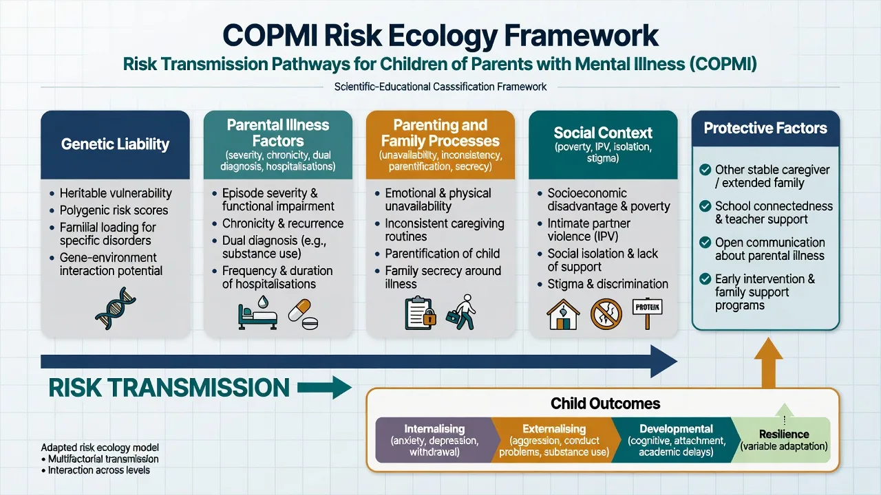 Educational framework of COPMI risk ecology: genetic liability, parental illness factors, parenting processes, social context, and protective factors