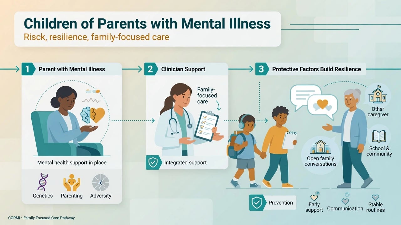 Educational hero panel showing family-focused care for children of parents with mental illness with risk and resilience pathways