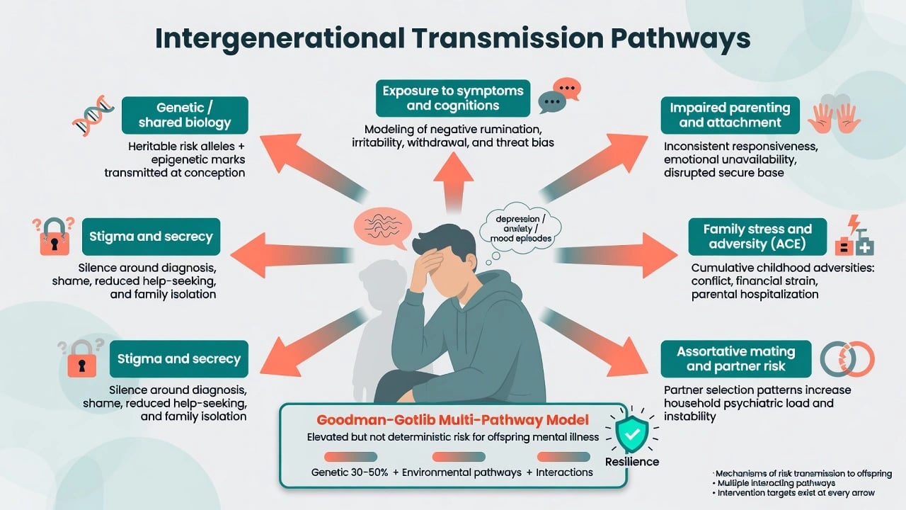 Educational mechanism diagram of intergenerational risk pathways from parental mental illness to child outcomes including genetics parenting stress and stigma