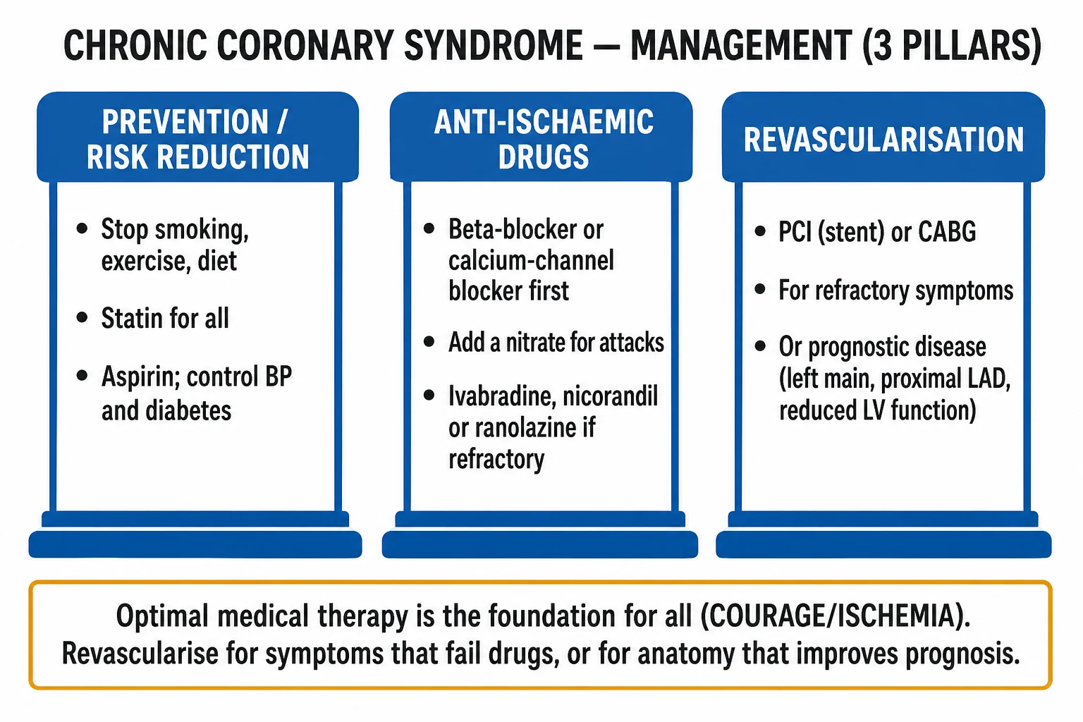 Stepwise management algorithm for chronic coronary syndrome: initial pre-test probability stratification, functional or anatomical testing, disease-modifying therapy initiation (aspirin 75 to 100 mg, atorvastatin 40 to 80 mg, ACE inhibitor), anti-anginal stepwise addition (bisoprolol 2.5 to 10 mg, amlodipine 5 to 10 mg, isosorbide mononitrate 30 to 60 mg, nicorandil 5 to 30 mg, ranolazine 375 to 500 mg twice daily, ivabradine 5 to 7.5 mg twice daily), and FFR-guided revascularisation when indicated