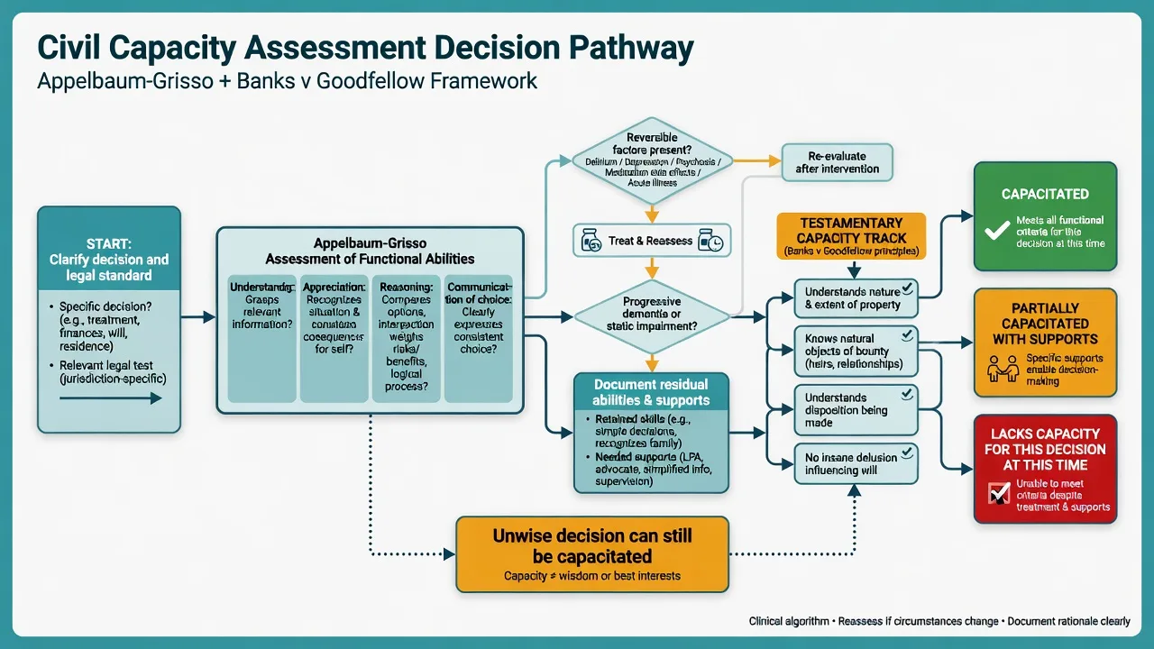 Civil capacity assessment algorithm using Appelbaum-Grisso abilities and Banks v Goodfellow testamentary track