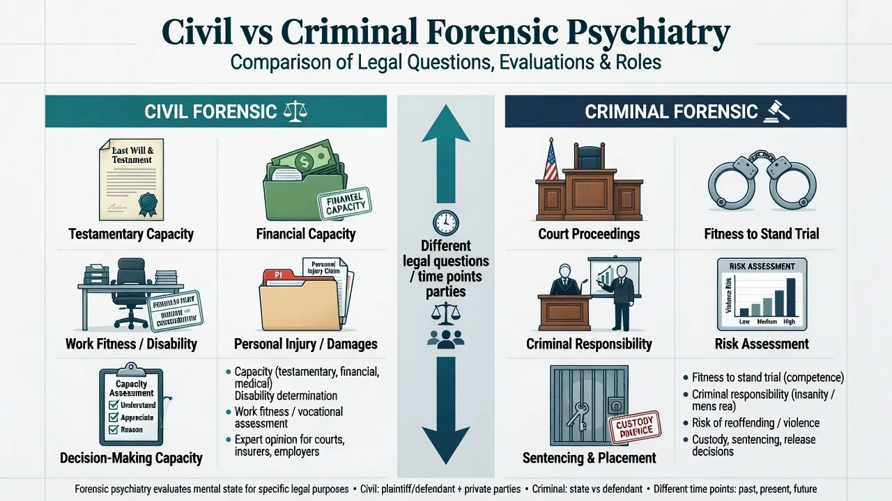 Two-column comparison of civil versus criminal forensic psychiatry legal questions and roles