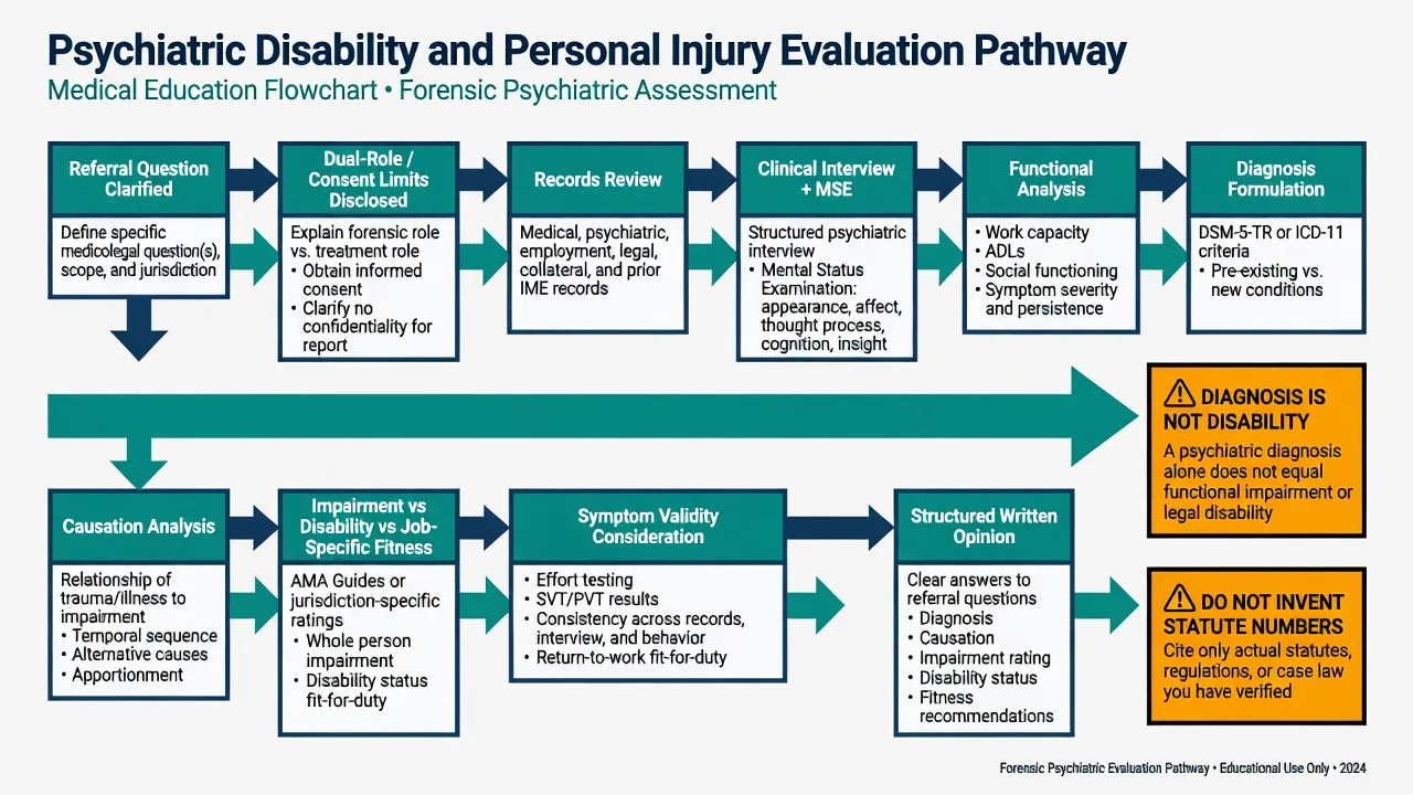Flowchart of psychiatric disability and personal injury evaluation from referral to structured opinion