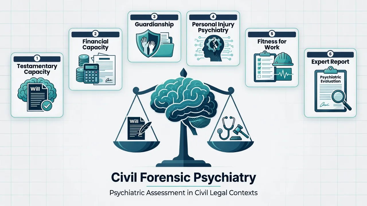 Civil forensic psychiatry domains: testamentary capacity, financial capacity, guardianship, personal injury, fitness for work, expert report
